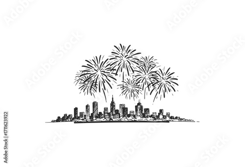 Black and white city skyline with fireworks display over urban landscape - stock vector