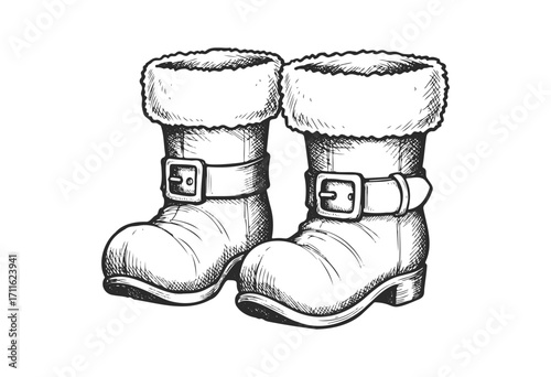Vintage sketch of winter boots with fur lining and buckles - stock vector