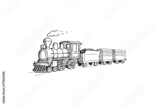 Black and white drawing of a vintage steam train with coal car and passenger coaches - stock vector