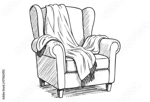 Cozy armchair with draped blanket drawn in black and white sketch style - stock vector