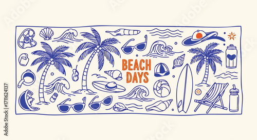 Endless summer vibes with fun beach day doodles of surfboards, palm trees, and seashells