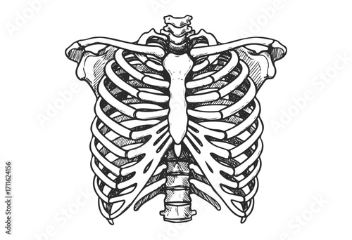 Detailed anatomical drawing of human rib cage and thoracic spine - stock vector