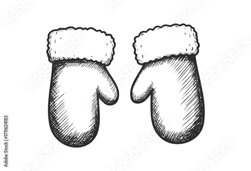 Vintage style sketch of cozy winter mittens with fur trim - stock vector