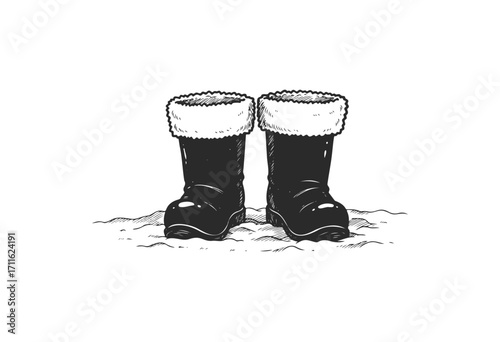 Black winter boots on snowy ground: warm, stylish, cozy footwear for cold weather - stock vector