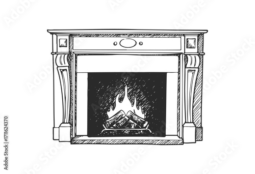 Hand-drawn fireplace illustration with burning logs in classic mantel setting - stock vector