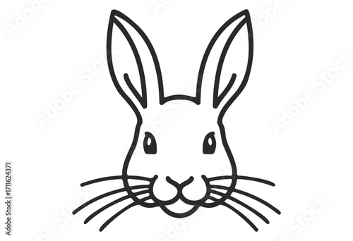 Simple black and white bunny outline drawing with long ears and whiskers - stock vector