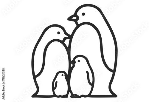 Monochrome drawing of penguin family with two adults and two chicks - stock vector