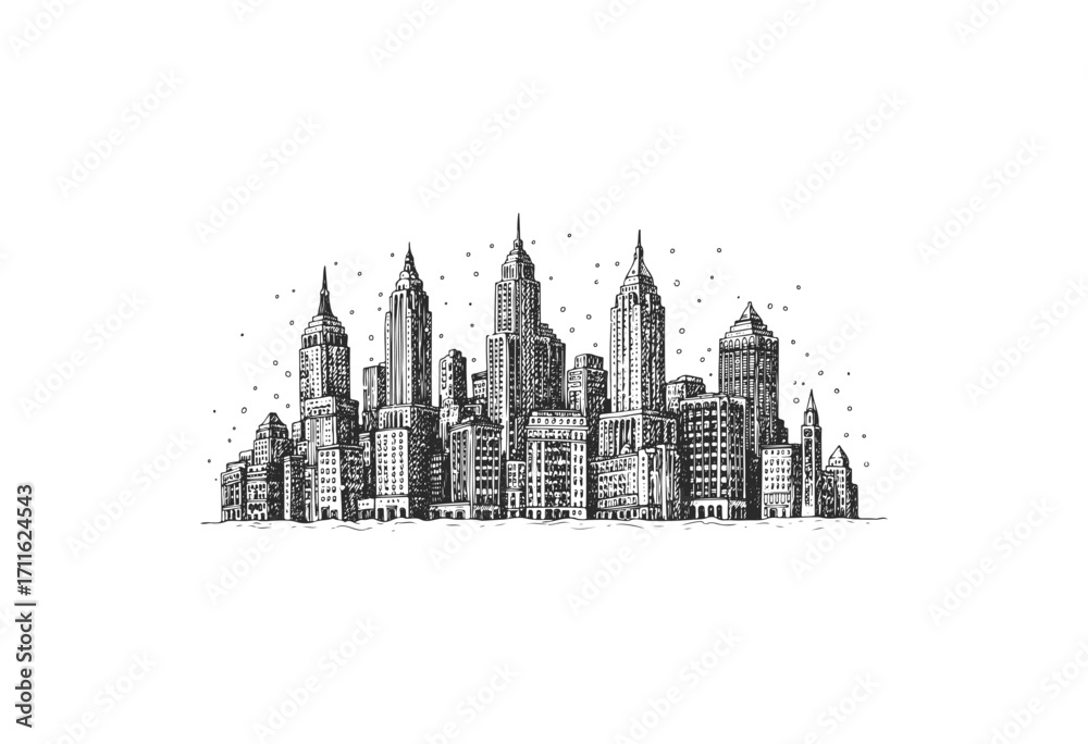 Naklejka premium Intricate black and white urban skyline drawing with skyscrapers and cityscape details - stock vector