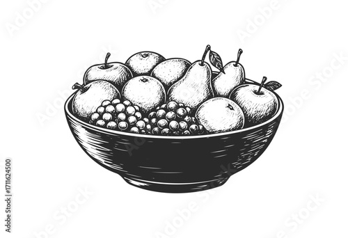 Monochrome sketched bowl with apples, pears, and berries - stock vector
