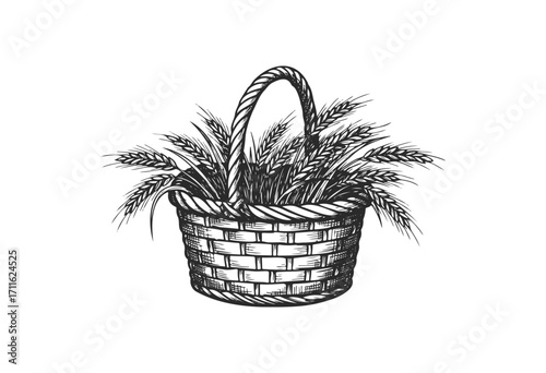 Vintage black and white illustration of wicker basket with wheat - stock vector
