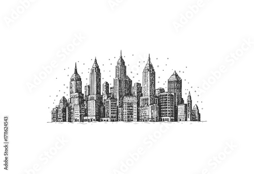 Intricate black and white urban skyline drawing with skyscrapers and cityscape details - stock vector