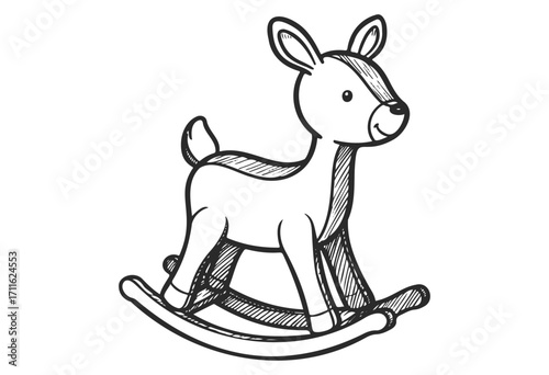 Hand-drawn rocking horse-deer hybrid toy illustration in black and white - stock vector