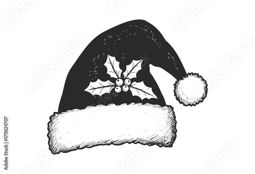 Black and white santa hat with holly leaves and berries illustration - stock vector