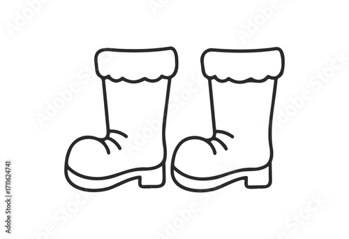 Black and white outline of winter boots with fur trim - stock vector