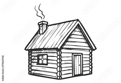 Charming hand-drawn log cabin with chimney and smoke - stock vector
