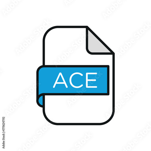 Illustration of a file icon with the text ace on a blue label and a folded corner design element present