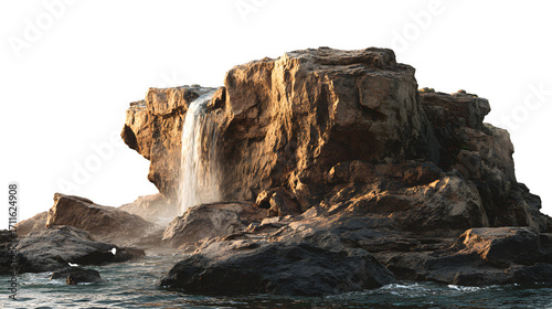 Rocky waterfall on black background isolated on white background
