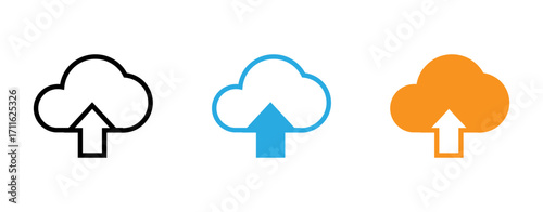 This image shows three simple, graphic cloud upload icons in black, blue, and orange.