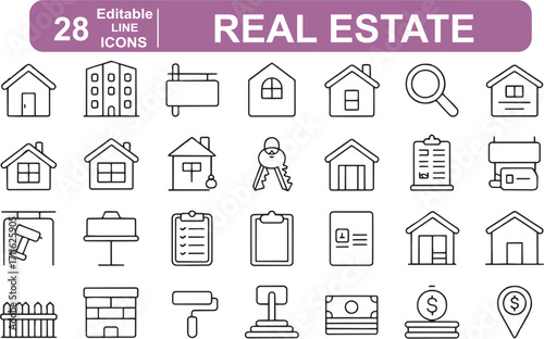 Real estate and property line icons set. Editable outline vector of house, building, rent, sale, mortgage, architecture, and construction symbols for web, app, and presentation.