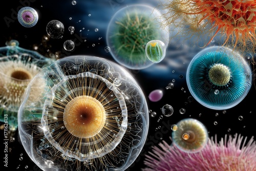 Microscopic view of vibrant diverse microorganisms in bubble-like enclosures