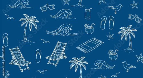 Beach life illustration with waves, palm trees, and summer essentials for vacation vibes