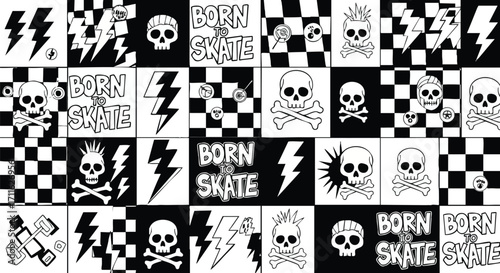 Bold black and white skateboarding themed design with skulls, lightning bolts and checkered patterns