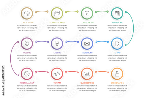 Business workflow, timeline or process infographic template with 12 steps connected by arrows