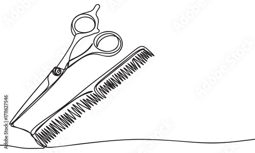 Hairdressing Tools Scissors and Comb Line Art