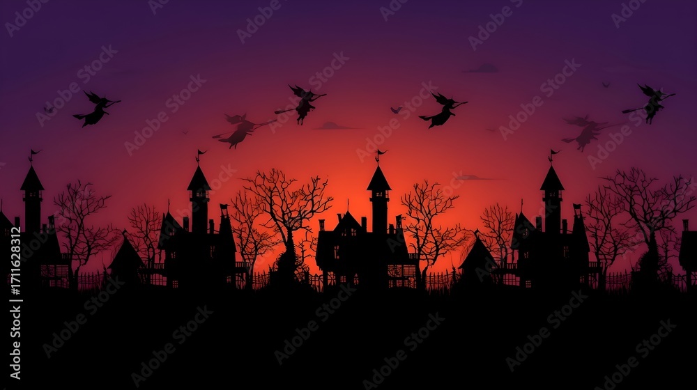 Fototapeta premium Halloween scene showing silhouettes of witches flying over haunted buildings at sunset