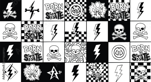 Edgy black and white skater art with skulls, lightning bolts, and Born to Skate design