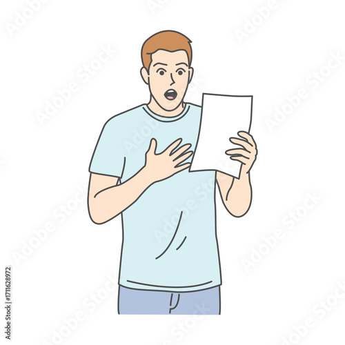 A surprised man reading a document with expressive emotion