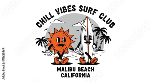 Retro cartoon sun and surfboard characters enjoying beach vibes at Malibu Surf Club