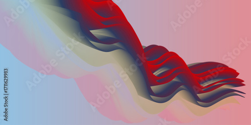 Abstract generative artwork featuring flowing ribbon-like waves in red, gray, and blue tones. The forms ripple and cascade diagonally across a pastel gradient background of soft pink and light blue. T