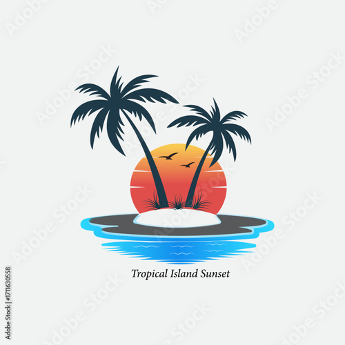 Tropical Island Sunset logo, Tropical island with palm trees and birds at sunset over the ocean