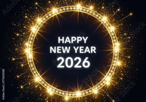 Bright golden ring of lights illuminates happy new year 2026 celebration with sparkles