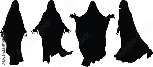 Scary grim reaper style ghost silhouette vector for Halloween haunted night background and creepy horror decoration