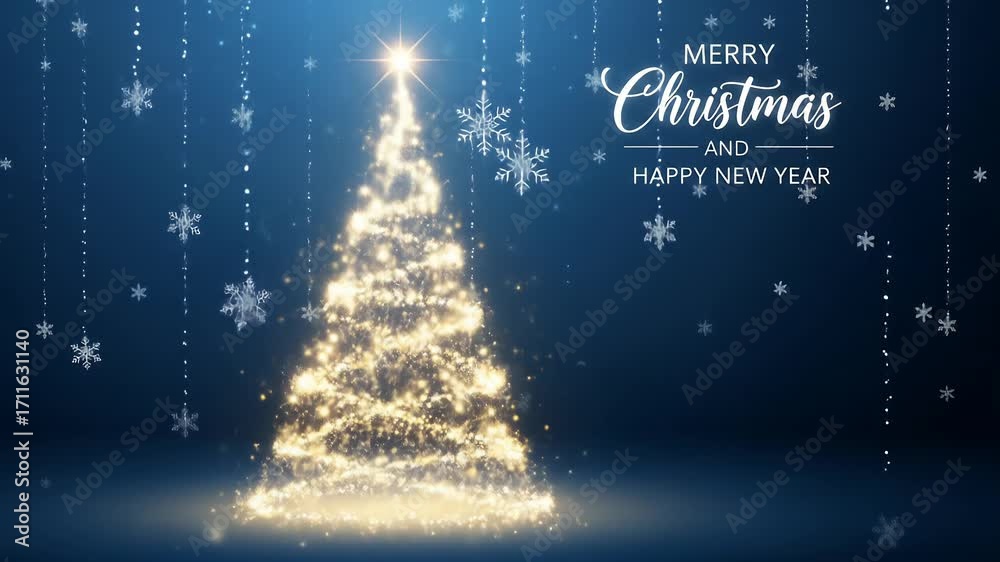 Merry Christmas and Happy New Year greeting message with sparkling lights xmas tree