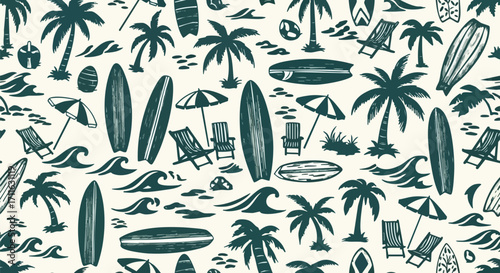 Relaxing beach scene with surfboards, palm trees, and waves creating a summer vibe
