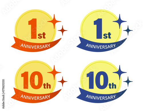 1周年・10周年記念素材（キラキラポップなバッジ風アニバーサリー、オレンジ・青）