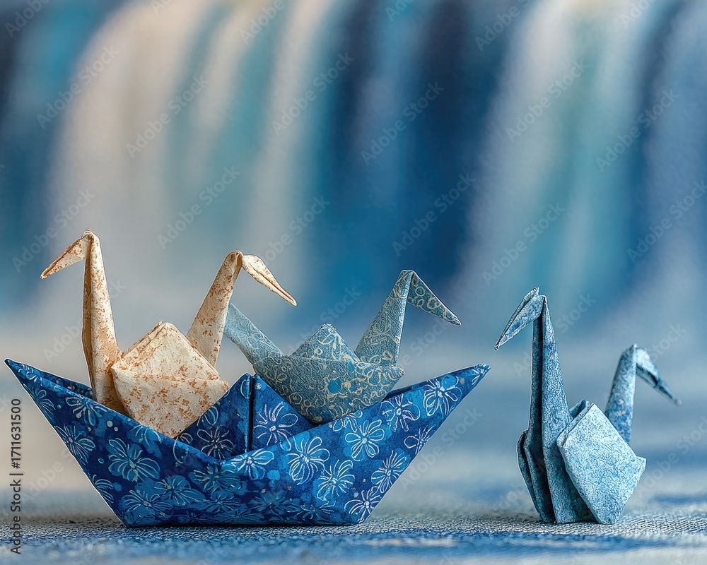 Fototapeta premium Origami cranes in a blue boat