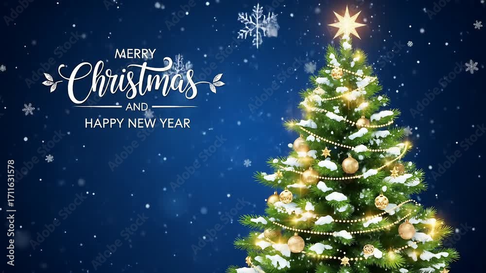 Merry Christmas and Happy New Year greeting message with sparkling lights xmas tree