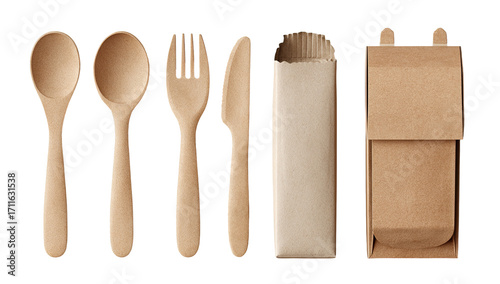Eco-friendly wooden cutlery set in a kraft paper wrap