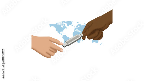 Advanced Global Data Transfer: Secure USB Handover Across International Boundaries, illustration,vector,with white Transparent background