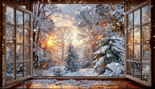 Snowy winter scene through a window