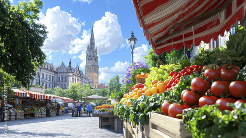 Fototapeta Naklejka Na Ścianę i Meble -  Vibrant market scene filled with fresh fruits and vegetables, showcasing colorful produce bright blue sky. atmosphere