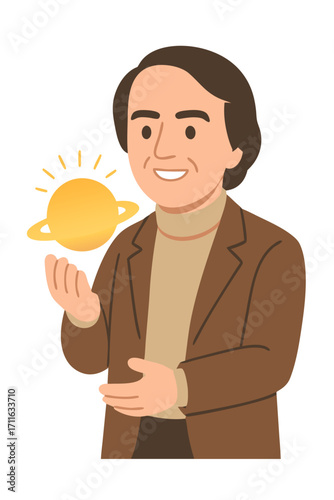 Vector illustration of a distinguished astronomer holding a miniature glowing planet in his hand