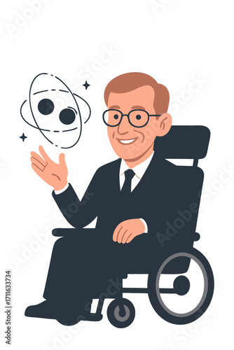Brilliant male physicist and cosmologist in a wheelchair explaining a theory with an atom model