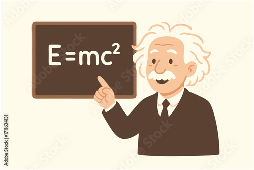 Cartoon physicist explaining the famous energy-mass equivalence formula on a chalkboard