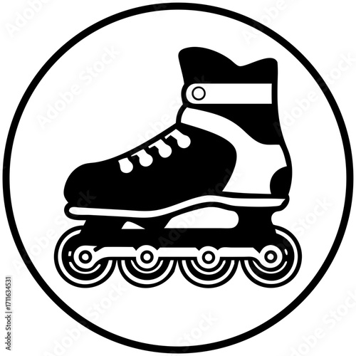 Black and white rollerblade icon on circular background  