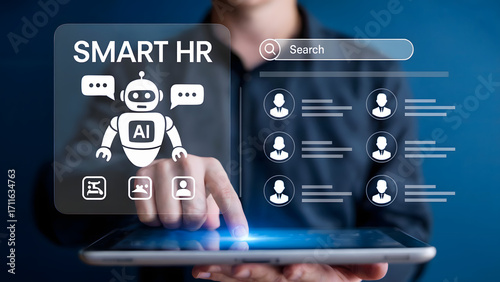 Person using a tablet with smart hr interface showing ai chatbot and candidate profiles for recruitment